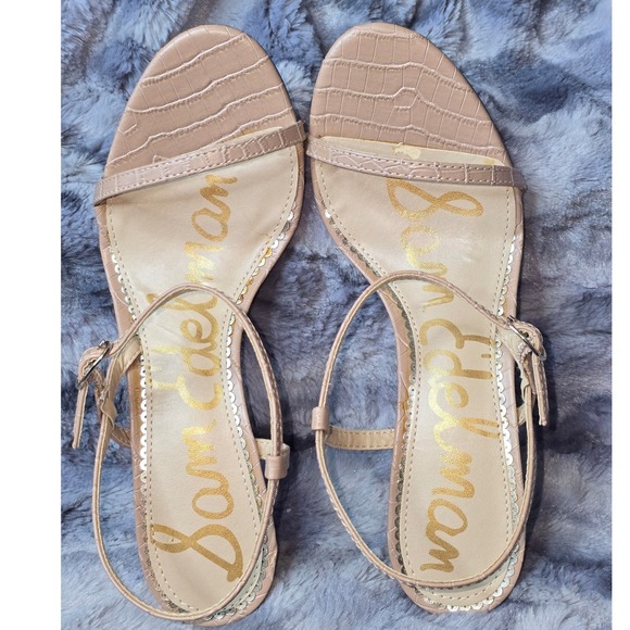 NWB Sam‎ Edelman Dara Beige Croc Embossed Ankle Strap Stiletto Heels - Size 8.5M - Picture 4 of 9